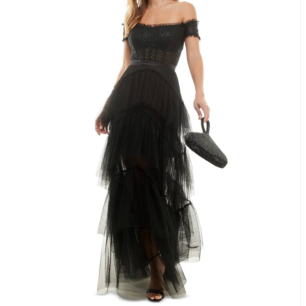 City Studio Black Off-The-Shoulder Tiered Mesh Gown Dress
